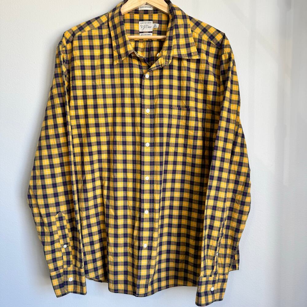 J Crew Men's XL Shirt Button Down Yellow Plaid Slim Untucked Fall Country Farm